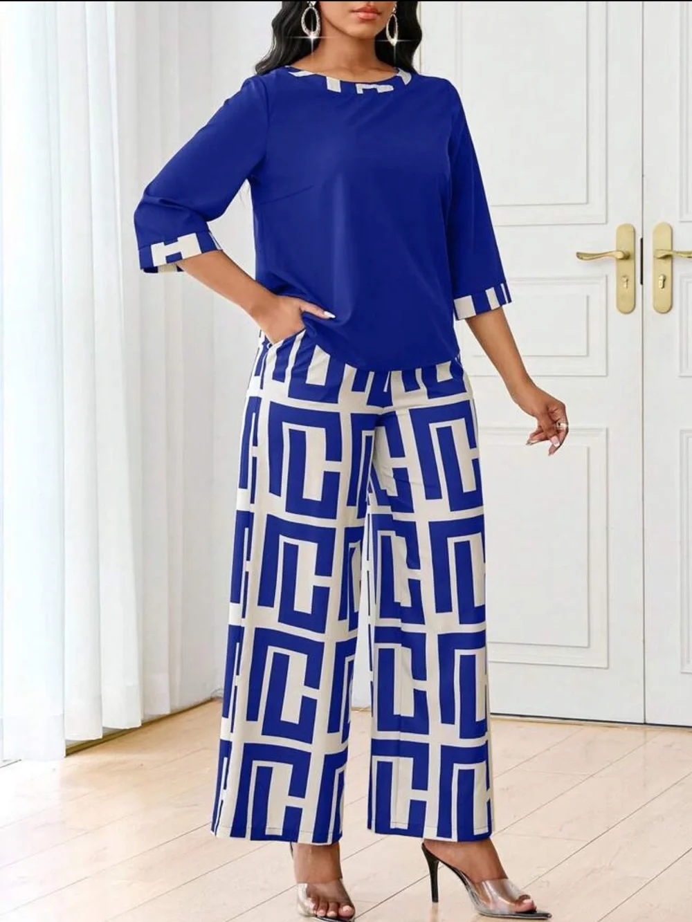 Sky Blue Geometric Wide Leg Pants Two-Piece Set